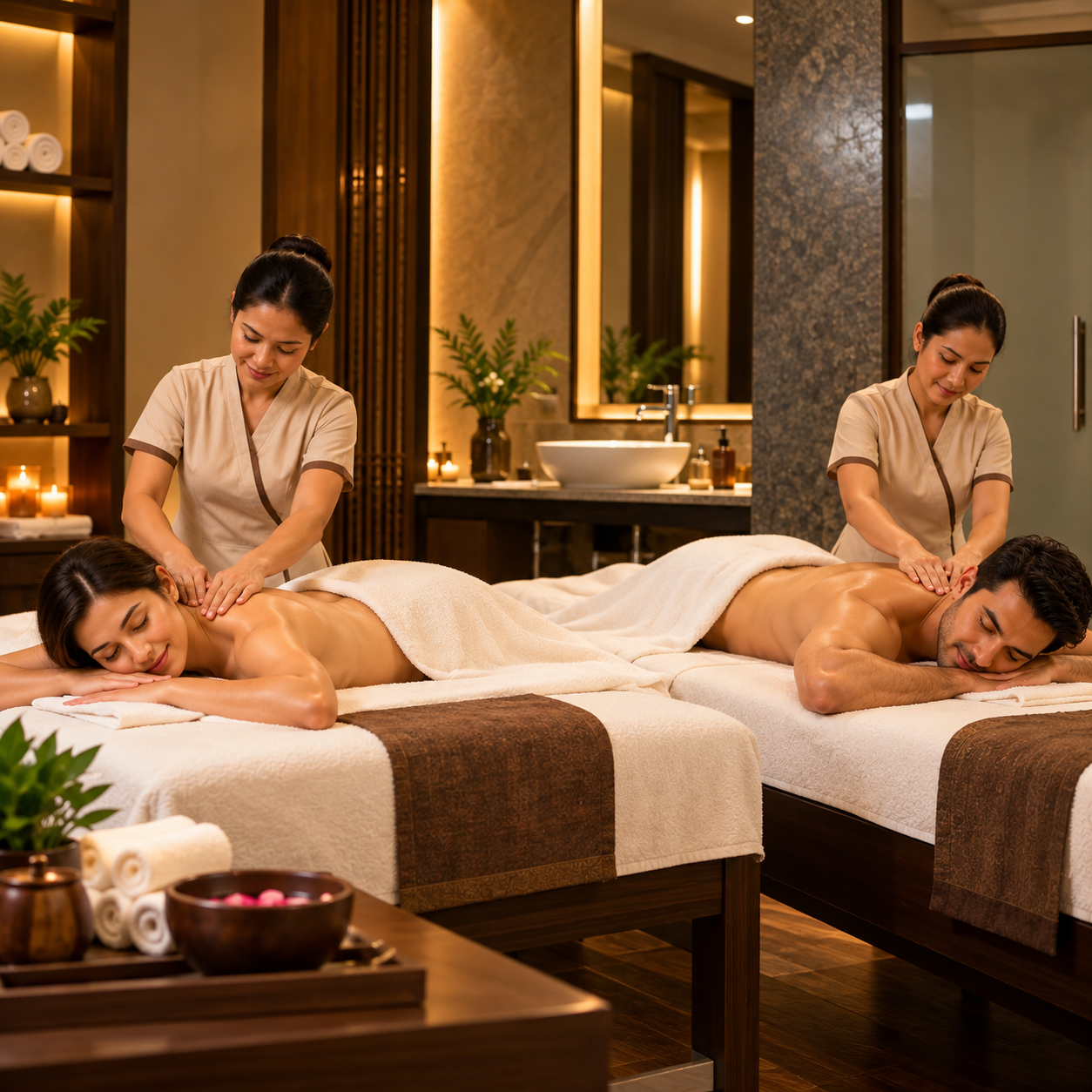Couple enjoying a side-by-side spa massage at Ocean Thai Spa