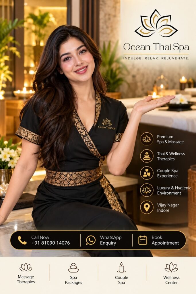 Spa therapist in a black and gold uniform presenting Ocean Thai Spa in a luxury spa interior