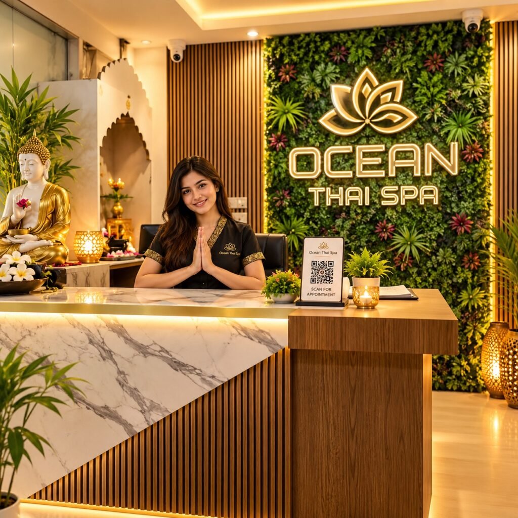 Elegant spa reception area with marble counter, comfortable seating, and warm lighting