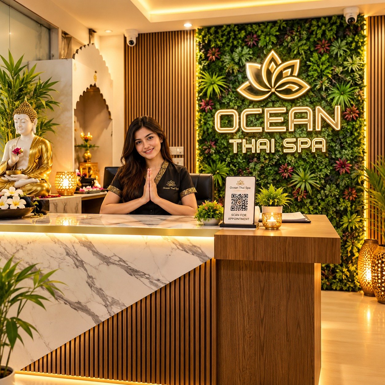 Elegant spa reception area with marble counter, comfortable seating, and warm lighting