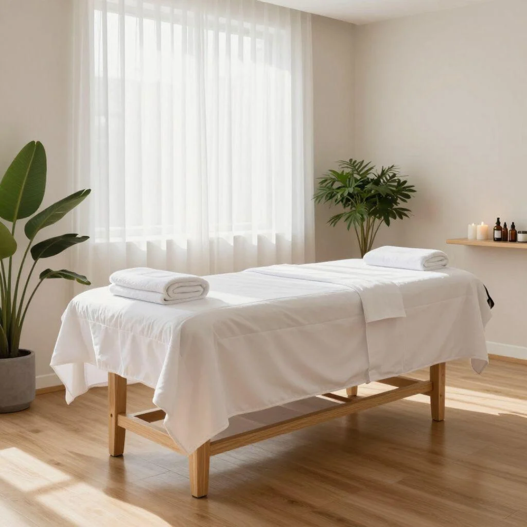 Clean and relaxing spa massage room with a white massage bed at Ocean Thai Spa in Indore