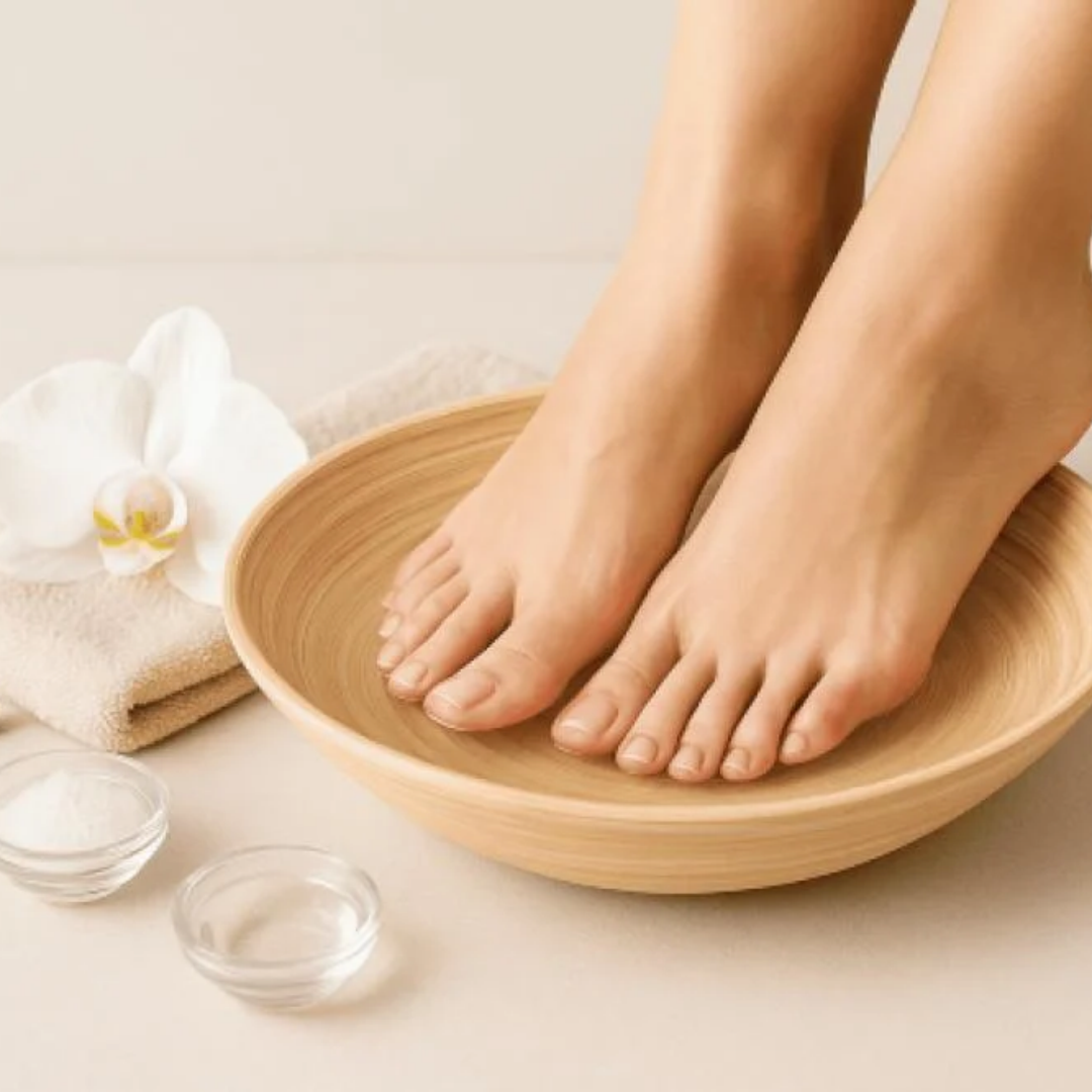 Feet resting in a wooden bowl with spa towels and a white flower