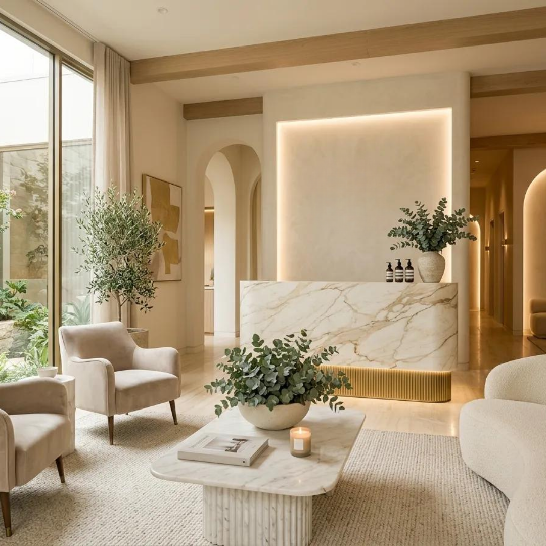 Elegant spa reception area with marble counter, comfortable seating, and warm lighting